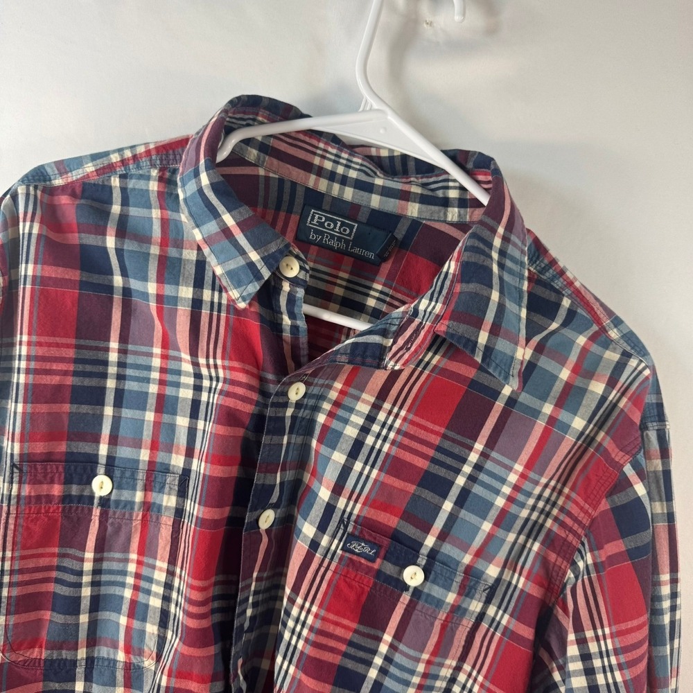 Polo Ralph Lauren Plaid Button Down Shirt Men XL Red Blue White Cotton Long Slve
